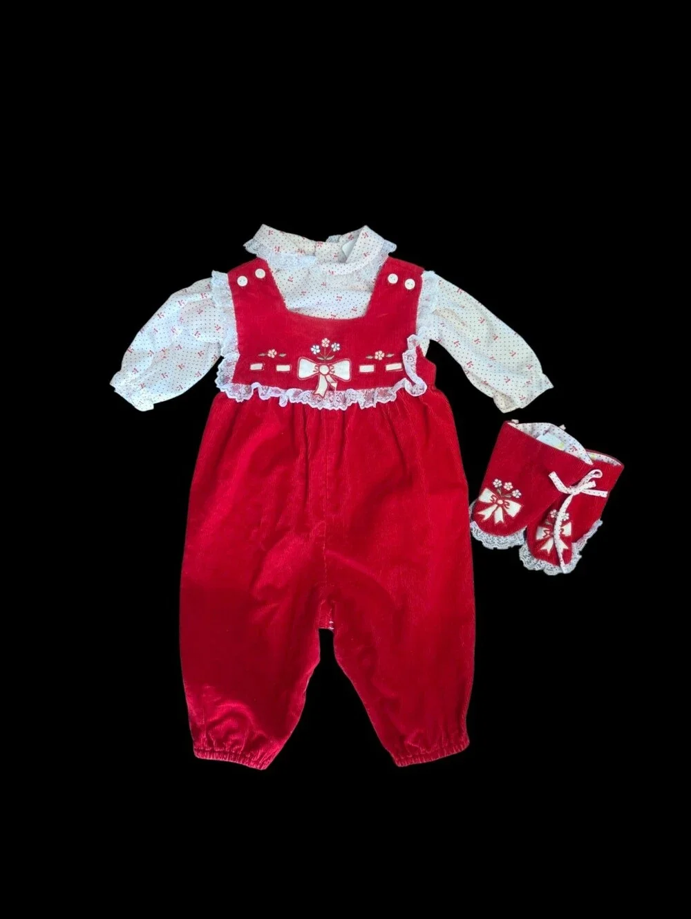 Vtg 3-6 mo Christmas Holiday Outfit Red Corduroy Bibs Embroidered Bows Lace Trim